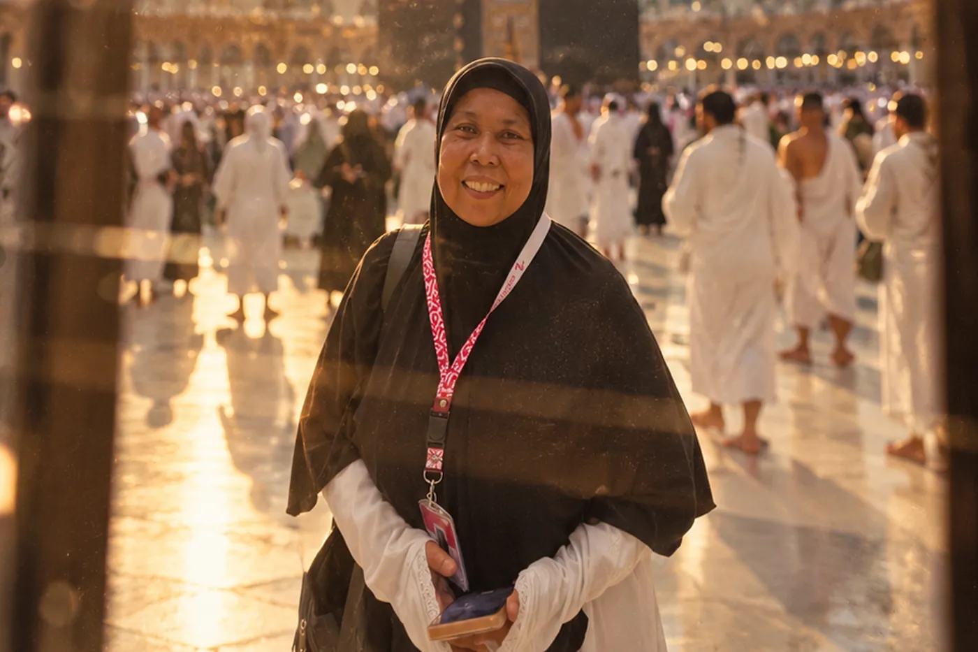 Jamaah di Masjidil Haram saat senja keemasan